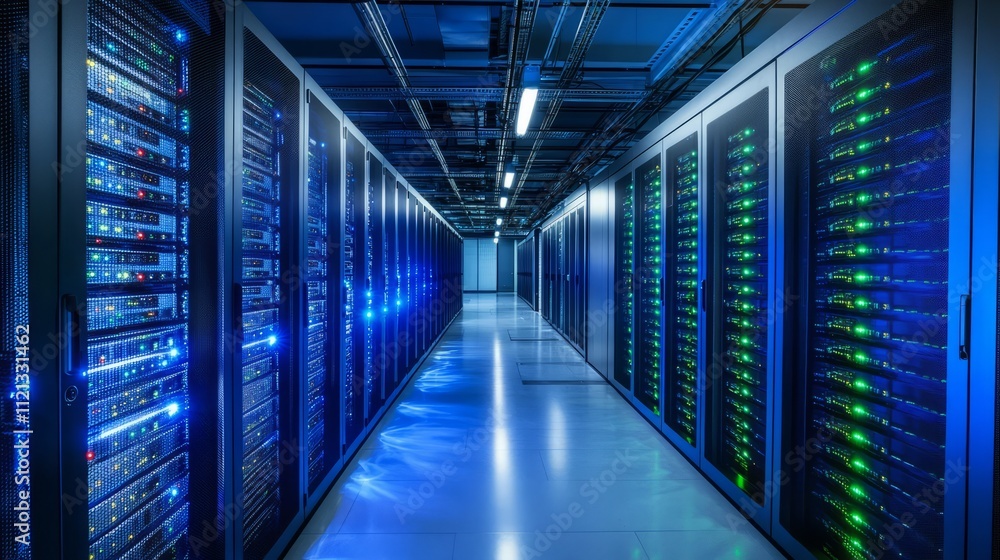 A brightly lit server room with rows of sleek, modern servers, blue and green LED lights flickering on the racks, cables neatly organized and running across the floor A brightly lit server room with rows of sleek, modern servers, blue and green LED lights flickering on the racks, cables neatly organized and running across the floor