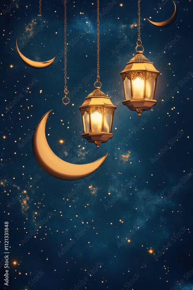 Fototapeta premium Golden Ramadan Lanterns Hanging Under Night Sky with Crescent Moons and Sparkling Stars Festive Islamic Celebration
