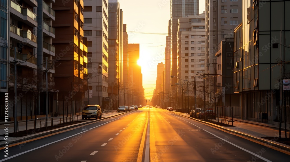Sunrise cityscape with empty street. Sunrise cityscape with empty street.