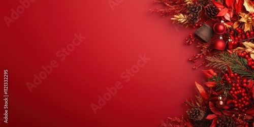 Wallpaper Mural Festive Overhead Composition Featuring Deep Red Background with Holiday Decorations, Ornaments, Pine Cones, and Autumn Leaves for Seasonal Designs Torontodigital.ca