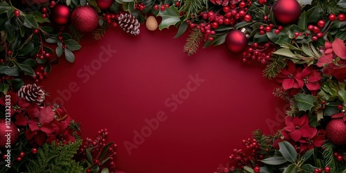 Wallpaper Mural Deep Red Christmas Themed Overhead Setting with Holiday Decorations, Ornaments, Berries, and Natural Elements for Festive Atmosphere Torontodigital.ca
