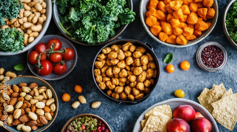 Air fryer placed on a dining table filled with healthy snacks, like roasted nuts and kale chips, with bowls of fresh produce nearby Air fryer placed on a dining table filled with healthy snacks, like roasted nuts and kale chips, with bowls of fresh produce nearby