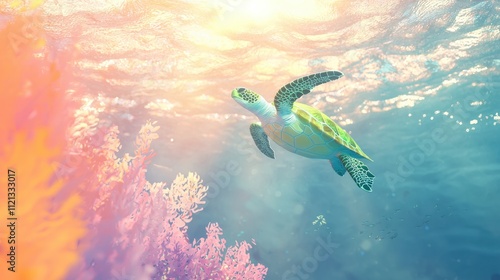 Swimming turtle in vibrant coral reef underwater photography tropical ocean environment photo