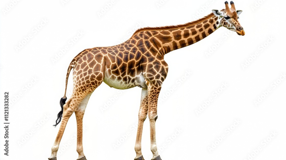 Naklejka premium Giraffe long neck safari animal isolated on white background. wildlife. Ultra realistic. Photorealistic hypermaximalist hyper realistic fine detail