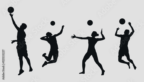 Black silhouettes of volleyball players. Vector on gray background