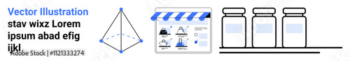 Blue and black e-commerce storefront, geometric grid, and three bottles on a shelf. Ideal for online shopping concepts, product display, marketing strategies, business analytics, sales optimization