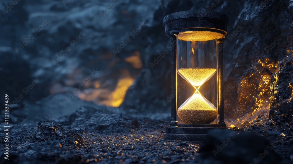 Time passing in a mysterious setting hourglass illuminated in dark rocky landscape at night Time passing in a mysterious setting hourglass illuminated in dark rocky landscape at night