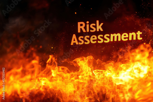 Flaming text displaying 'Risk Assessment' amidst dramatic fire, symbolizing danger and critical evaluation in business or safety contexts.