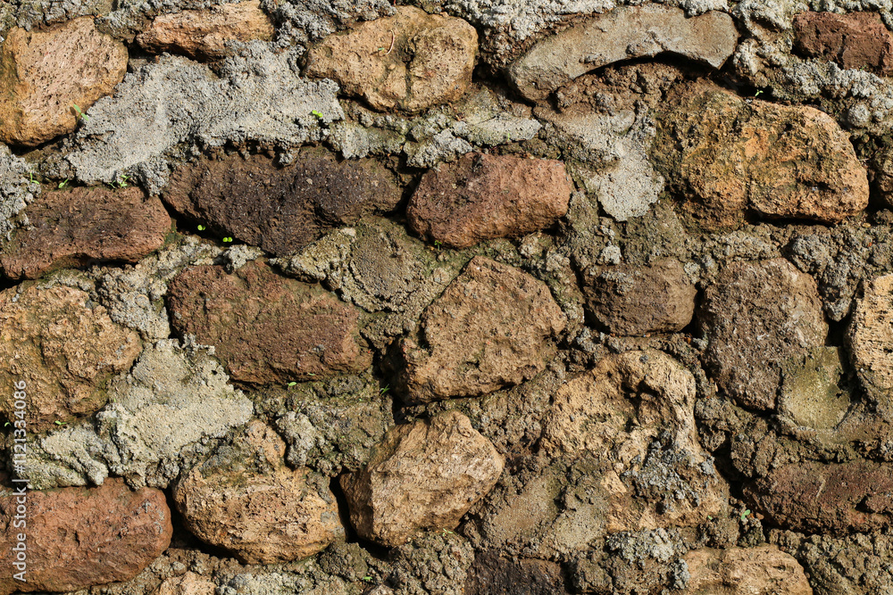 A wall made of rocks and dirt. The wall is brown and gray A wall made of rocks and dirt. The wall is brown and gray