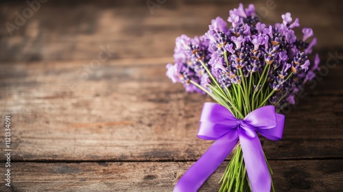 Purple flowers bouquet with ribbon, Rustic wooden background decor, Nature inspired photography