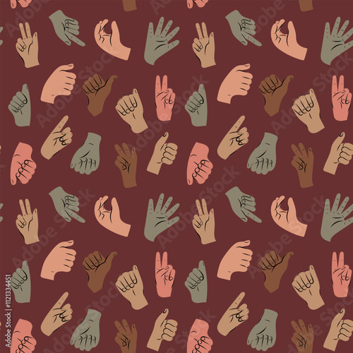 Seamless pattern Set of hands in doodle style isolated human hands. Vector different man woman hands showing victory sign, V, okay, five, class, thumb up.