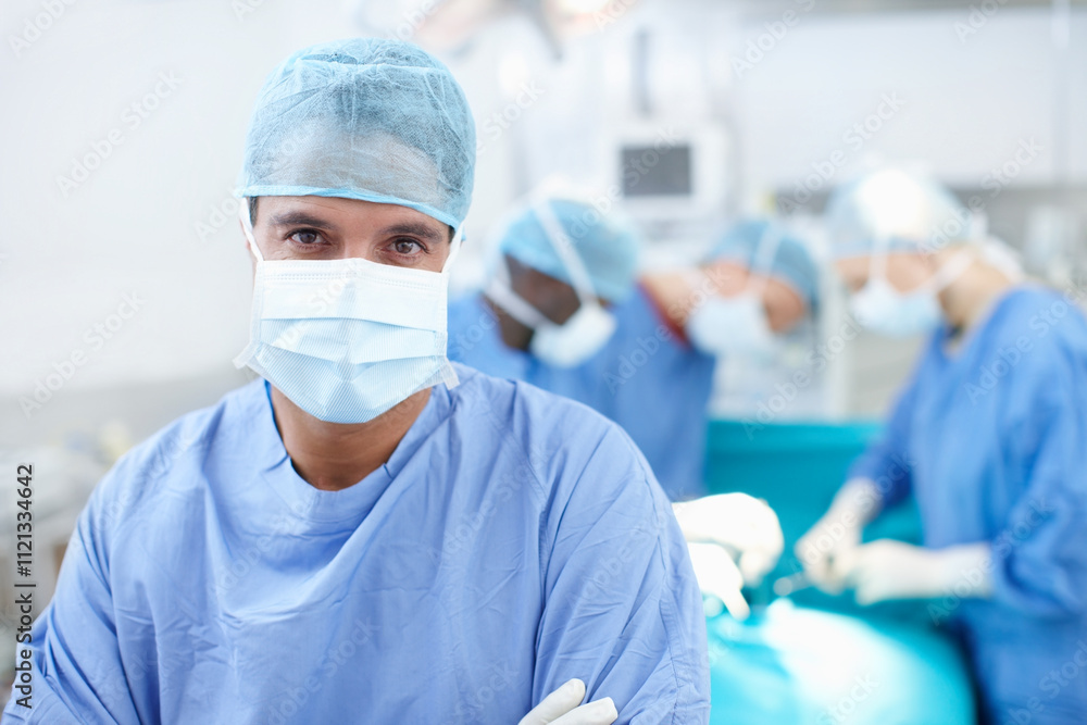Theatre, man and doctor in portrait with confidence, medical surgery and procedure for teamwork. Hospital, team leader and surgeon with pride for operating room, healthcare and face mask for safety Theatre, man and doctor in portrait with confidence, medical surgery and procedure for teamwork. Hospital, team leader and surgeon with pride for operating room, healthcare and face mask for safety