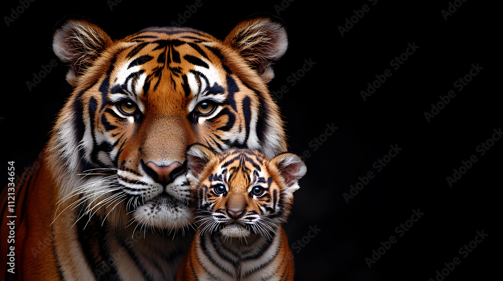 Fototapeta premium Tigress and Tiger Cub Looking in the Same Direction - Majestic Wildlife Scene Capturing Bond and Focus in Nature