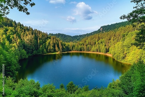 The magnificent lake in the deep forest. The lake in the middle of lush trees. Lake landscape in the forest.  A magnificent landscapes of Turkey. Borcka karagol karadeniz- Artvin- Turkey. photo