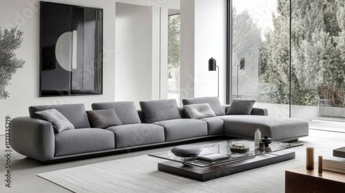 A minimalist yet elegant living room with white walls, a sleek grey sofa, and a glass coffee table