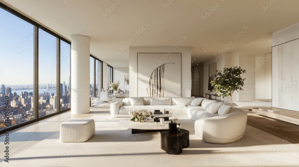 A modern luxury living room with a soft white palette, sleek lines, and large floor-to-ceiling windows A modern luxury living room with a soft white palette, sleek lines, and large floor-to-ceiling windows