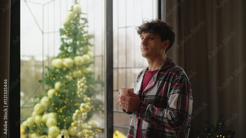 Relaxed man in pajamas sips tea while gazing out the window on Christmas morning Relaxed man in pajamas sips tea while gazing out the window on Christmas morning