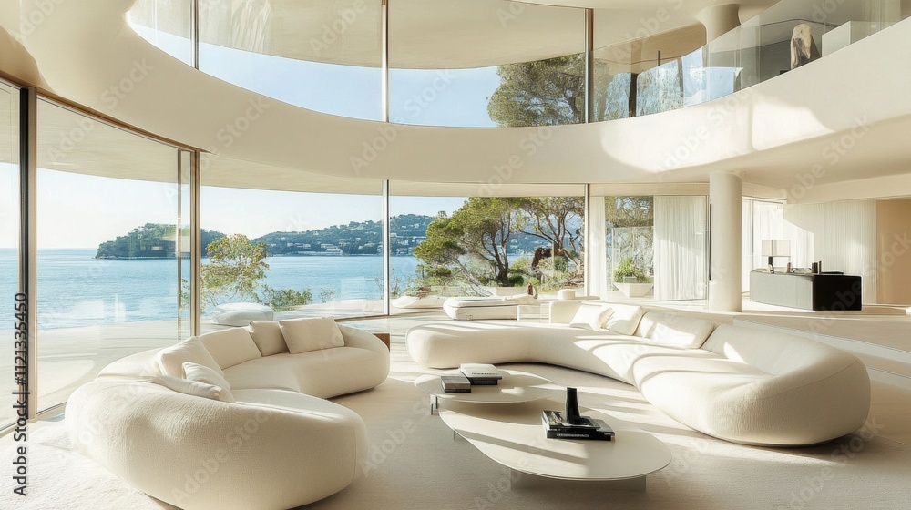 Obraz premium A modern luxury living room with a soft white palette, sleek lines, and large floor-to-ceiling windows