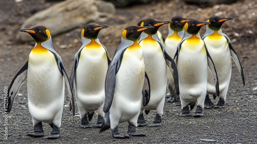 Numerous king penguins walk the beach at st. andrews bay, south georgia. wildlife. Ultra realistic. Photorealistic hypermaximalist hyper realistic fine detail