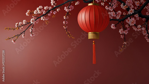 Chinese red lantern, cherry blossom branches, dark red background of Chinese New Year.