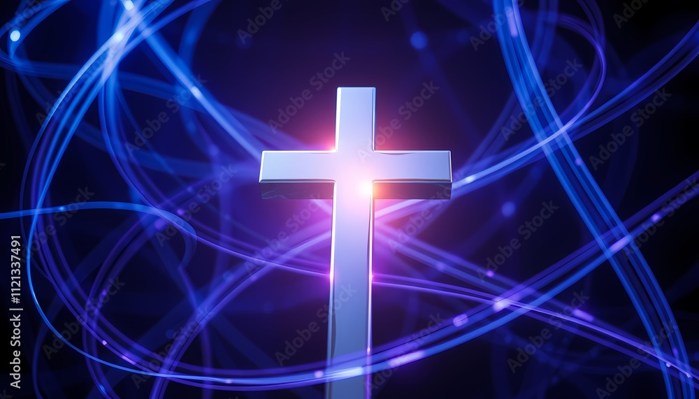 Shining Christian cross with blue light trails Shining Christian cross with blue light trails