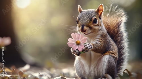 Squirrel with a flower. wildlife. Ultra realistic. Photorealistic hypermaximalist hyper realistic fine detail