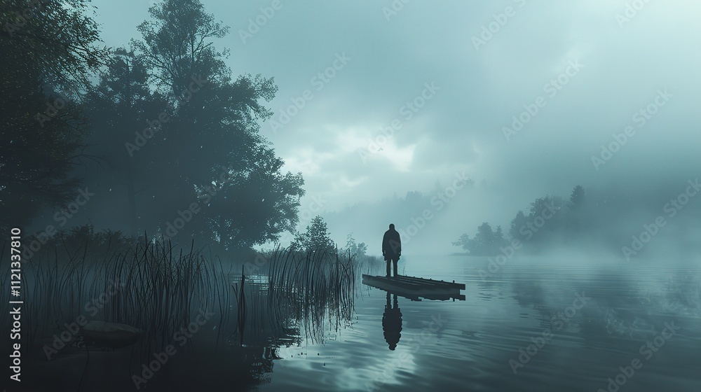 Fototapeta premium A silhouette of a solitary teenager stands against the backdrop of a misty lake.