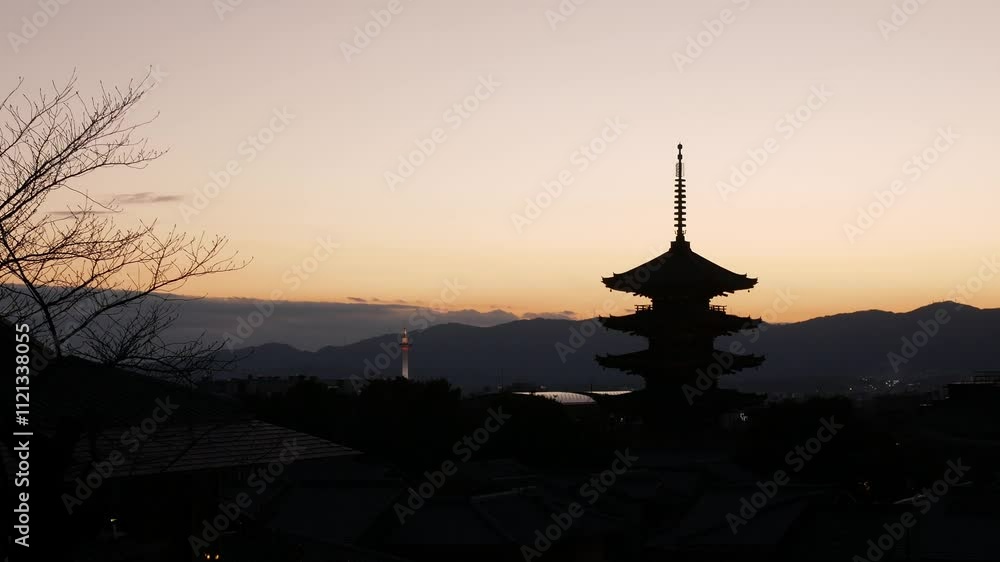 aerial landscape view to Giant Yasaka Pagoda in Kyoto ancient temple heritage site in sunnset time with backgrpund of kyoto downtown,Famous ancient Japanese pagoda Temple in Kyoto aerial landscape view to Giant Yasaka Pagoda in Kyoto ancient temple heritage site in sunnset time with backgrpund of kyoto downtown,Famous ancient Japanese pagoda Temple in Kyoto
