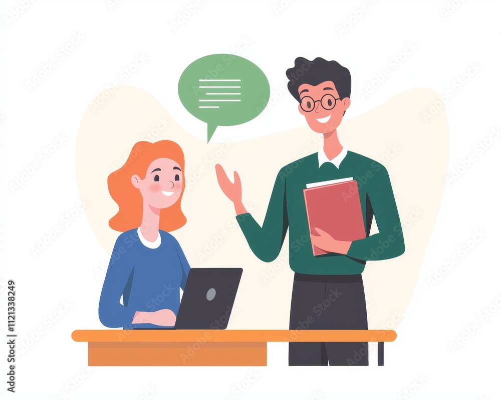 A young Black man in glasses engages in a conversation with a young Caucasian woman at a desk. A young Black man in glasses engages in a conversation with a young Caucasian woman at a desk.