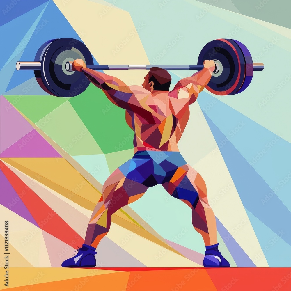A muscular male athlete lifts a heavy barbell in an abstract, colorful geometric style, showcasing strength and determination. A muscular male athlete lifts a heavy barbell in an abstract, colorful geometric style, showcasing strength and determination.