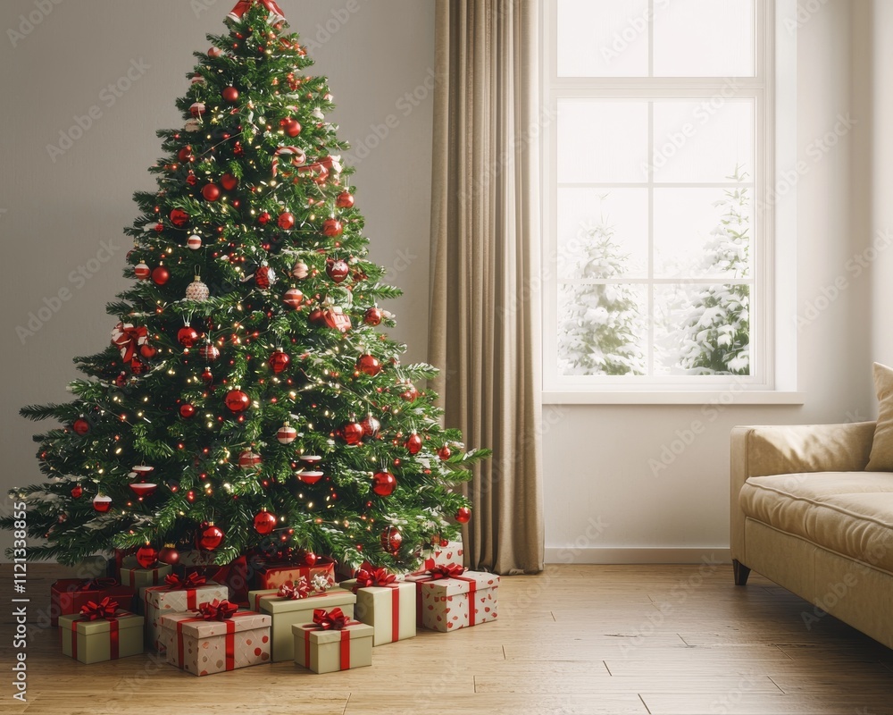 A beautifully decorated Christmas tree adorned with red ornaments, surrounded by festive gifts in a cozy living room. A beautifully decorated Christmas tree adorned with red ornaments, surrounded by festive gifts in a cozy living room.