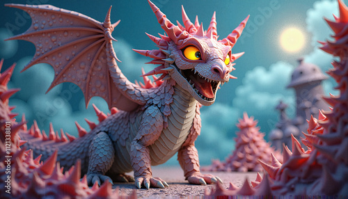 Grotesque origami dragon with glowing eyes standing over spiky paper landscape in vibrant surreal scene