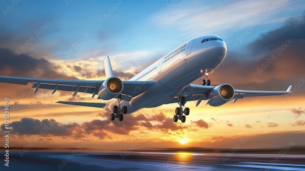 Airplane taking off at sunset. Airplane taking off at sunset.