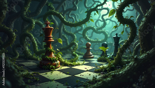 Nightmarish chess scene with vines and exaggerated leaves, panic-stricken pawn