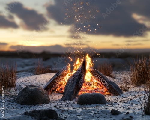 A cozy campfire surrounded by stones on a sandy beach at sunset, creating a warm and inviting atmosphere. photo