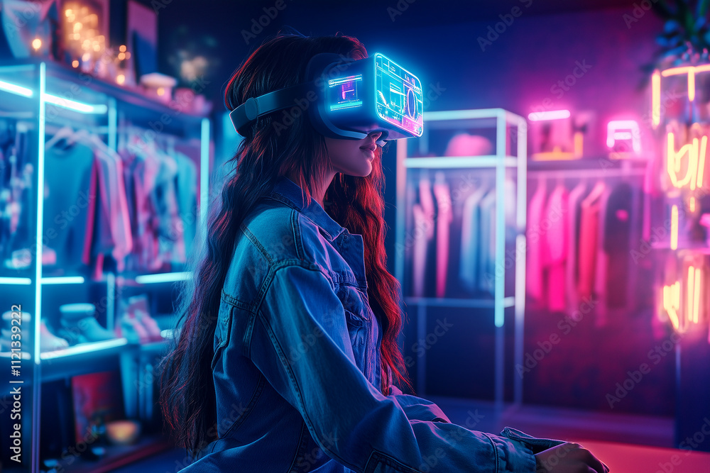 Holographic Fashion Try-On..A young woman in a sleek urban living room uses VR to try on holographic outfits Holographic Fashion Try-On..A young woman in a sleek urban living room uses VR to try on holographic outfits