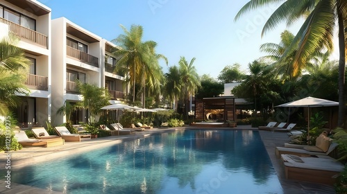 Tropical resort poolside with lounge chairs and palm trees.