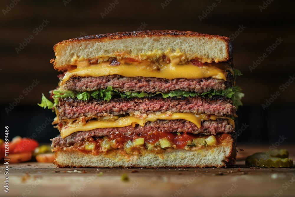 A Close-Up of a Juicy Triple-Stacked Burger with Toppings A Close-Up of a Juicy Triple-Stacked Burger with Toppings