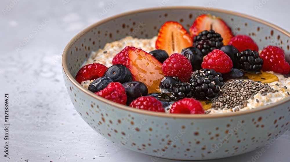 Creating a delicious bowl of overnight oats with fresh berries and chia seeds in a cozy kitchen setting Creating a delicious bowl of overnight oats with fresh berries and chia seeds in a cozy kitchen setting