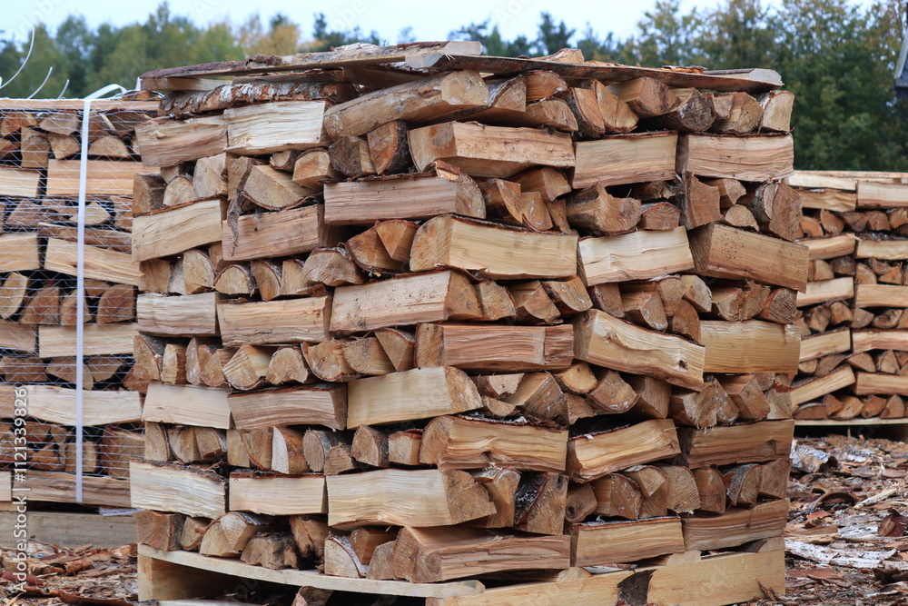 Birch firewood split and stacked on a pallet Birch firewood split and stacked on a pallet