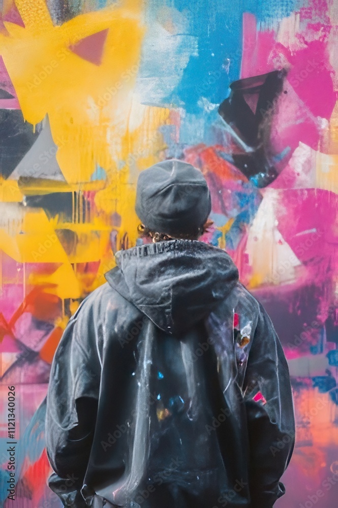 Person admiring vibrant graffiti art. Person admiring vibrant graffiti art.