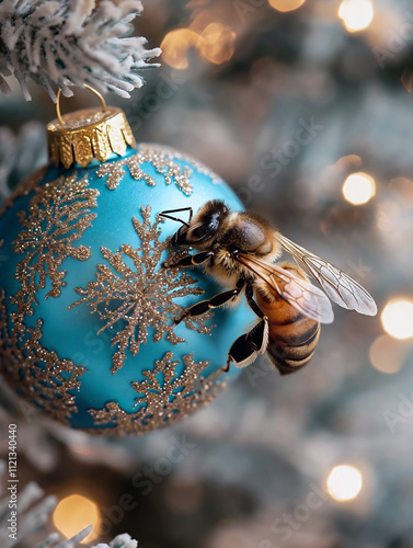 Honeybee on a Glittering Blue Christmas Ornament with Snowflake Design.