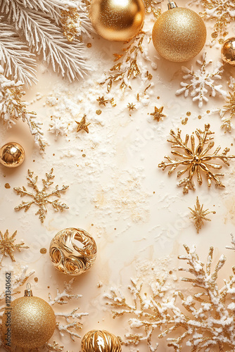Warm and Cozy Winter Ambiance with Golden Christmas Decorations, Snowflakes, and Soft Lighting for a Festive Season