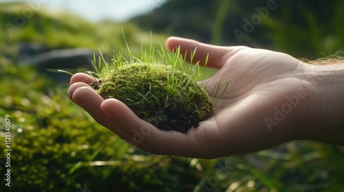 A hand lightly gripping a clump of earth and grass in a peaceful natural setting