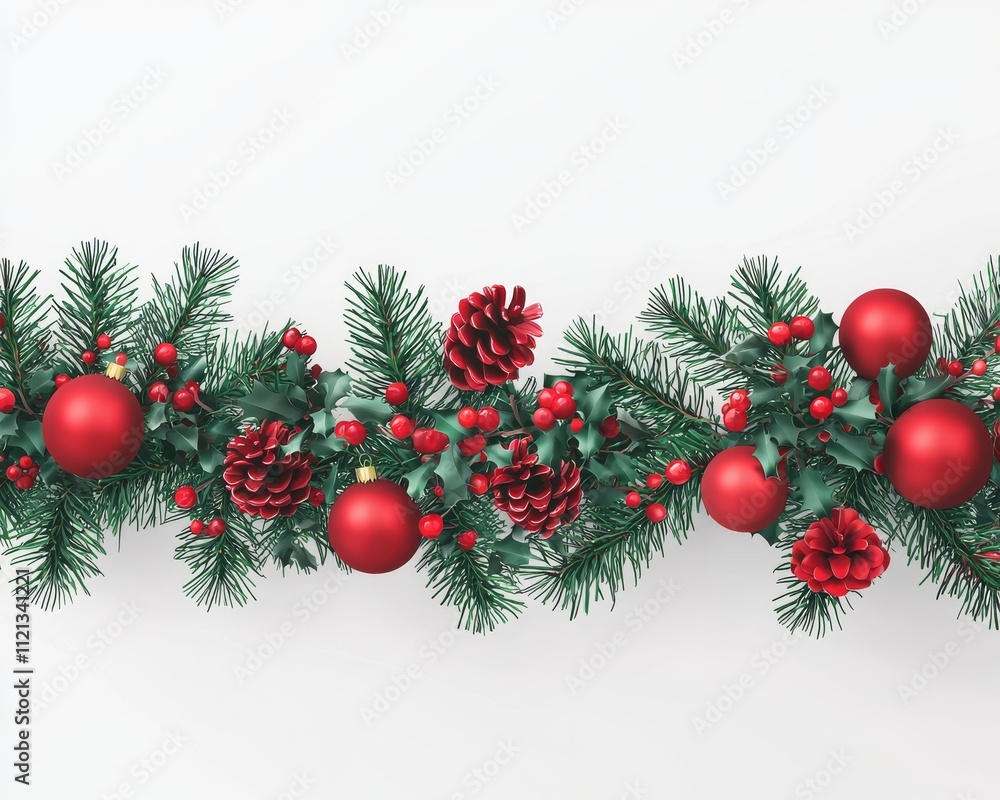 Festive holiday garland featuring pine branches, red ornaments, and pine cones, creating a cheerful atmosphere. Festive holiday garland featuring pine branches, red ornaments, and pine cones, creating a cheerful atmosphere.