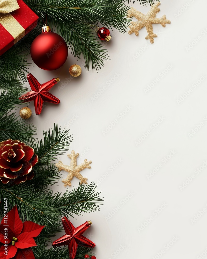 Festive Christmas decorations with pine branches, a red gift, and ornaments in a vibrant, cheerful arrangement. Festive Christmas decorations with pine branches, a red gift, and ornaments in a vibrant, cheerful arrangement.