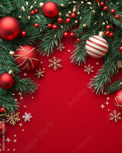 Festive Christmas decorations with red ornaments, golden stars, and greenery on a vibrant red background.