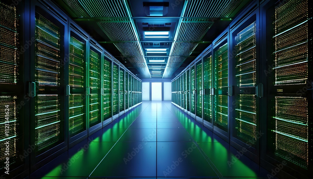 Fototapeta premium 3D Rendering of a Modern Server Room with Glowing Green and Blue LED