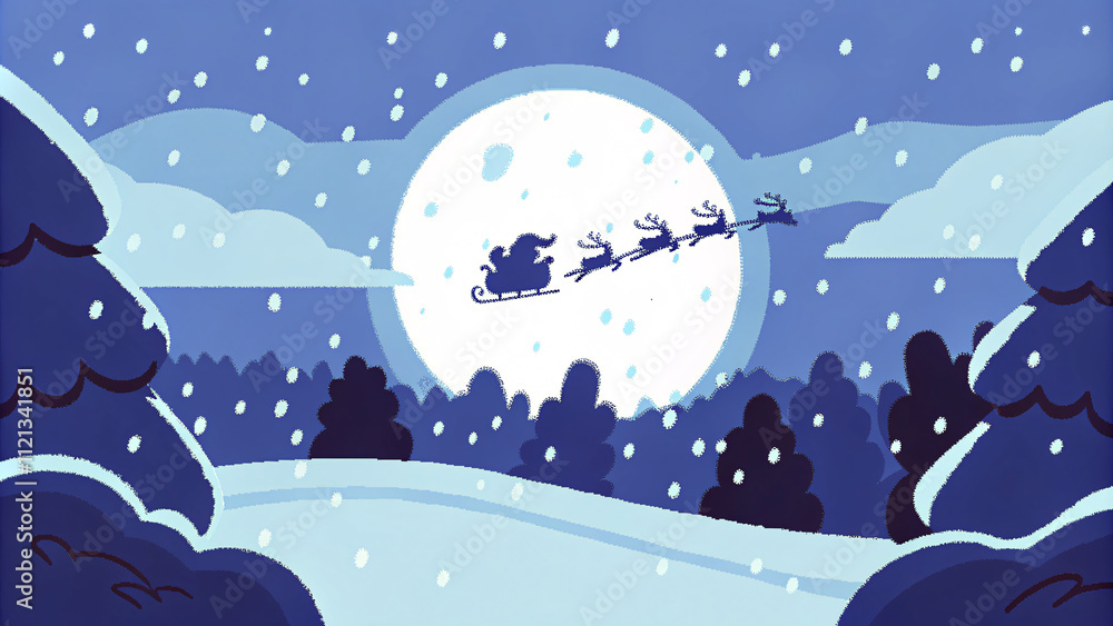 Snowy night background with a silhouette of Santa Claus flying across the moon, framed by twinkling stars, softly falling snow, and the glow of distant lights on the horizon Snowy night background with a silhouette of Santa Claus flying across the moon, framed by twinkling stars, softly falling snow, and the glow of distant lights on the horizon