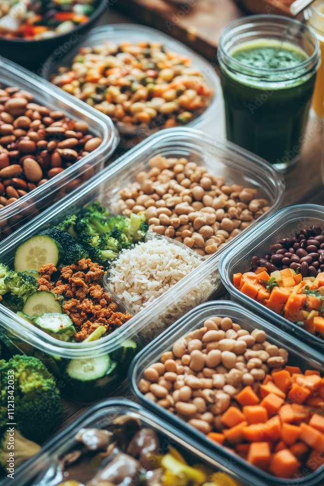 Colorful meal prep with a variety of healthy ingredients in glass containers, perfect for a balanced diet. Colorful meal prep with a variety of healthy ingredients in glass containers, perfect for a balanced diet.